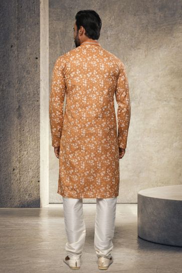Chikoo Function Wear Readymade Glamorous Printed Kurta Pyjama For Men In Cotton 
