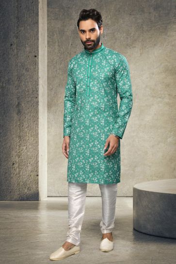 Printed Sea Green Cotton Graceful Readymade Men Kurta Pyjama For Festive Wear