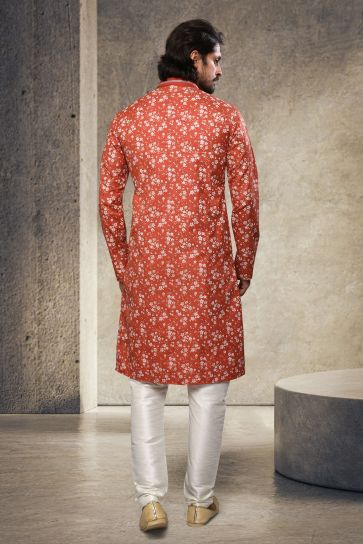 Cotton Printed Rust Magnificent Readymade Men Kurta Pyjama For Sangeet Wear