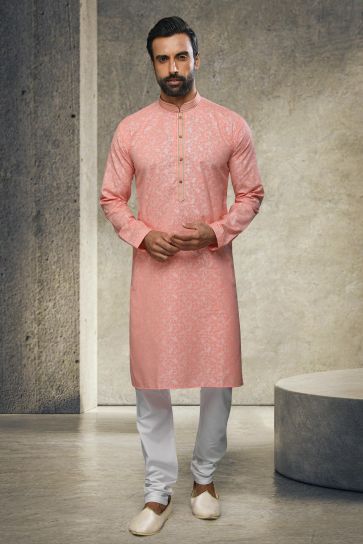 Cotton Artistic Printed Pink Readymade Men Kurta Pyjama For Wedding Wear