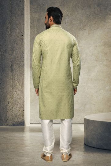 Printed Green Reception Wear Readymade Cotton Kurta Pyjama For Men