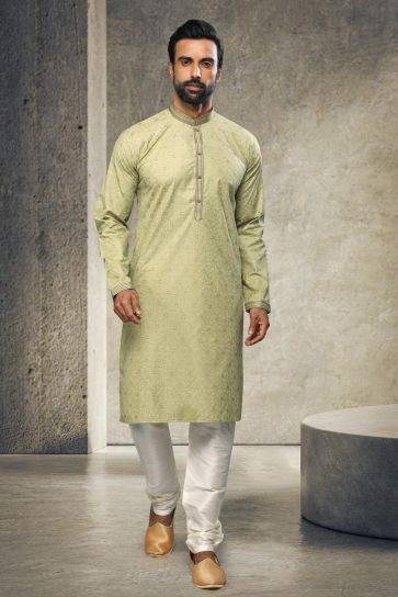 Printed Green Reception Wear Readymade Cotton Kurta Pyjama For Men