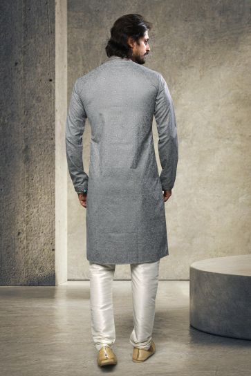 Cotton Printed Function Wear Readymade Grey Kurta Pyjama For Men