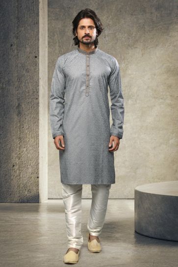 Cotton Printed Function Wear Readymade Grey Kurta Pyjama For Men