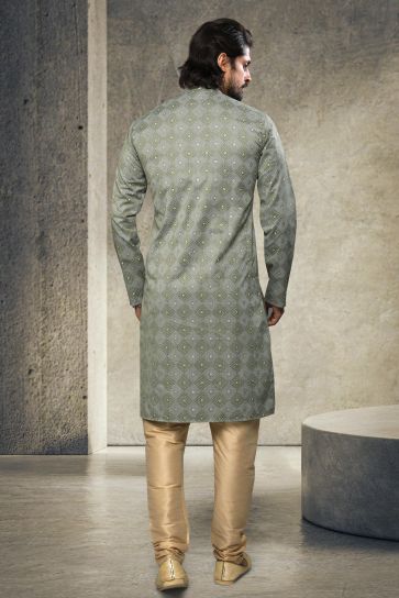 Festive Wear Printed Readymade Kurta Pyjama For Men In Olive Cotton 
