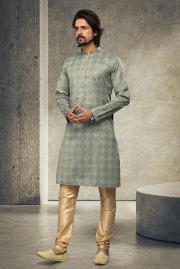 Festive Wear Printed Readymade Kurta Pyjama For Men In Olive Cotton 