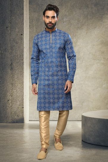 Printed Sangeet Wear Readymade Kurta Pyjama For Men In Cotton Blue 