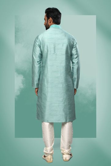 Cyan Color Art Silk Fabric Festive Wear Captivating Readymade Kurta Pyjama For Men