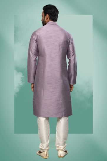 Fetching Lavender Art Silk Fabric Sangeet Wear Readymade Kurta Pyjama For Men
