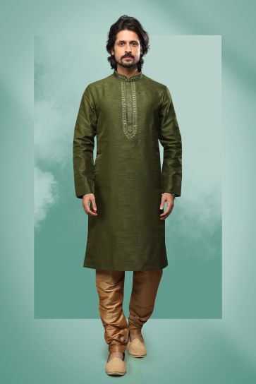 Green Color Art Silk Fabric Reception Wear Striking Readymade Kurta Pyjama For Men
