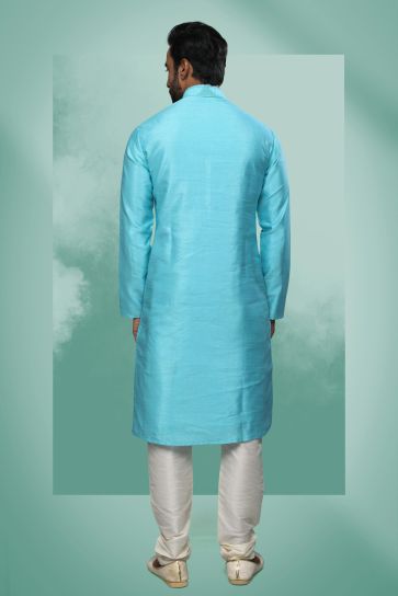 Cyan Color Stunning Art Silk Fabric Function Wear Readymade Kurta Pyjama For Men