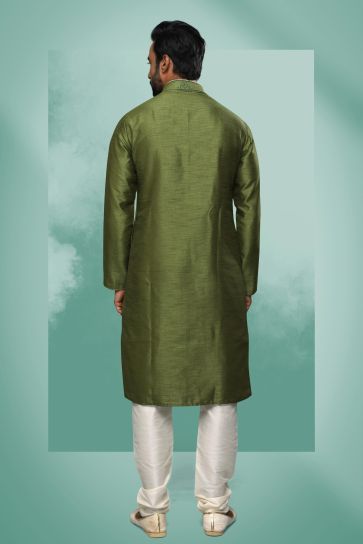 Art Silk Fabric Lovely Green Color Festive Wear Readymade Kurta Pyjama For Men