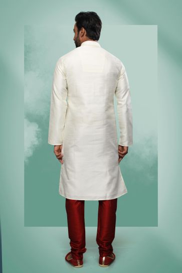 Cream Color Sangeet Wear Pretty Readymade Kurta Pyjama For Men In Art Silk Fabric