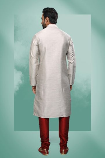 Beautiful Art Silk Fabric Wedding Wear Readymade Kurta Pyjama For Men In Grey Color