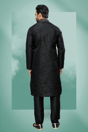 Art Silk Fabric Black Color Festive Wear Readymade Men Stylish Kurta Pyjama