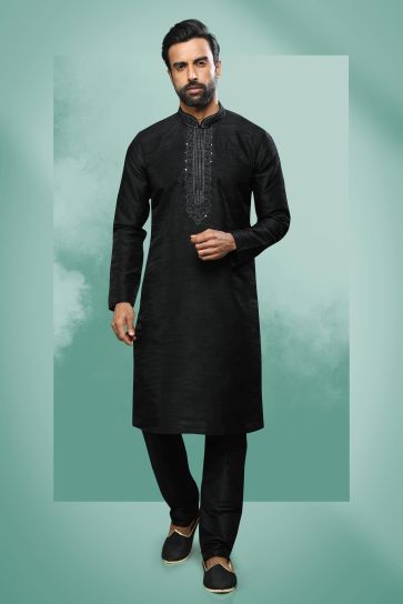 Art Silk Fabric Black Color Festive Wear Readymade Men Stylish Kurta Pyjama