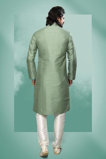 Sea Green Art Silk Fabric Sangeet Wear Trendy Readymade Kurta Pyjama For Men