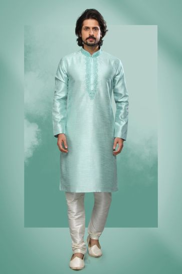 Sea Green Color Gorgeous Art Silk Fabric Reception Wear Readymade Kurta Pyjama For Men
