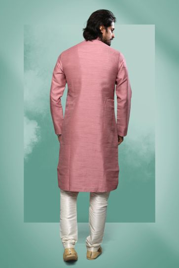 Art Silk Fabric Stunning Pink Color Function Wear Readymade Men Kurta Pyjama