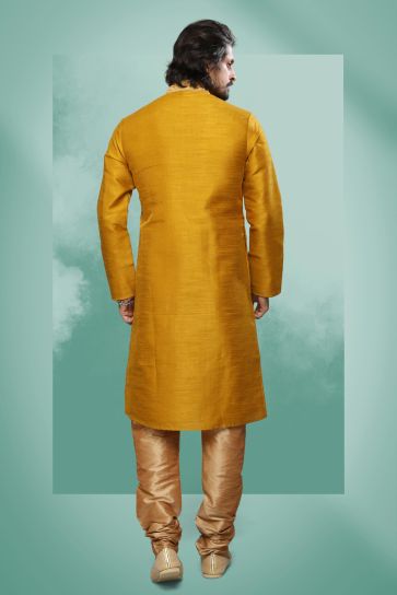 Art Silk Fabric Golden Color Festive Wear Readymade Lovely Kurta Pyjama For Men