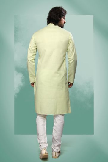 Pretty Cotton Fabric Sangeet Wear Readymade Men Kurta Pyjama In Sea Green Color