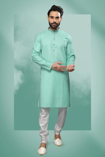 Beautiful Sea Green Color Wedding Wear Readymade Kurta Pyjama For Men In Cotton Fabric
