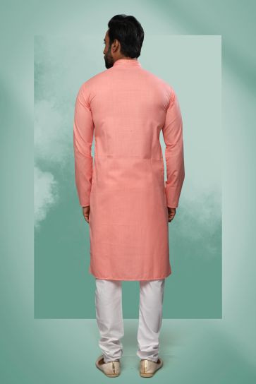 Cotton Fabric Reception Wear Attractive Readymade Men Kurta Pyjama In Pink Color