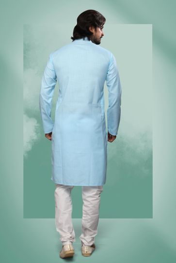 Sky Blue Color Function Wear Readymade Glamorous Kurta Pyjama For Men In Cotton Fabric