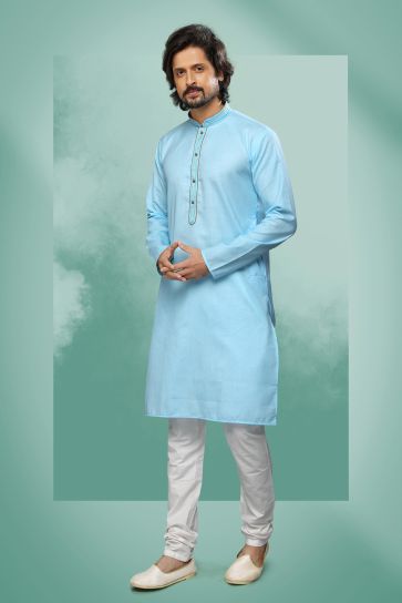 Sky Blue Color Function Wear Readymade Glamorous Kurta Pyjama For Men In Cotton Fabric
