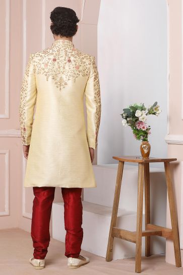 Beige Color Banarasi Silk Fabric Wedding Wear Readymade Sherwani For Men