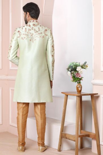 Banarasi Silk Fabric Sea Green Color Wedding Wear Readymade Men Stylish Sherwani