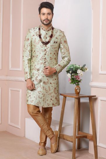 Banarasi Silk Fabric Sea Green Color Wedding Wear Readymade Men Stylish Sherwani