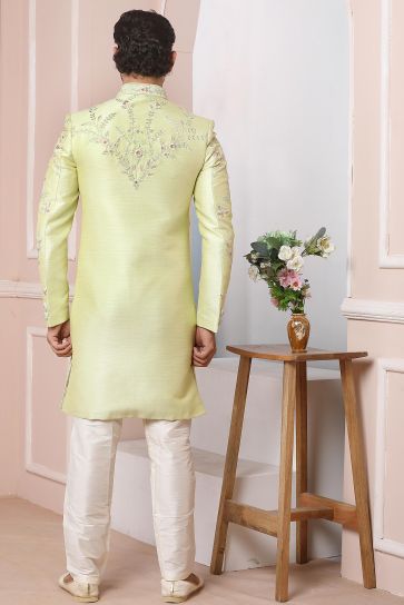 Beige Color Banarasi Silk Fabric Wedding Wear Trendy Readymade Sherwani For Men