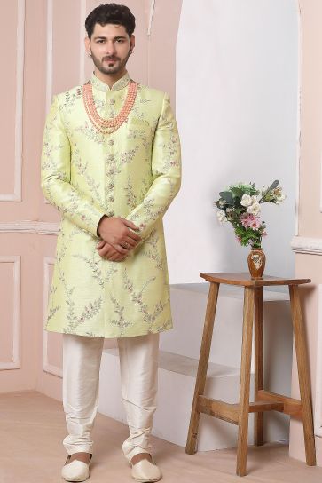 Beige Color Banarasi Silk Fabric Wedding Wear Trendy Readymade Sherwani For Men