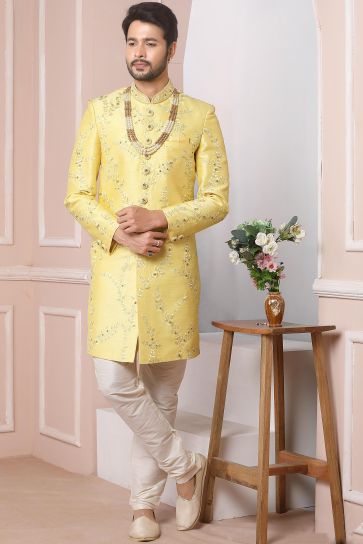 Banarasi Silk Fabric Yellow Color Wedding Wear Readymade Designer Men Sherwani
