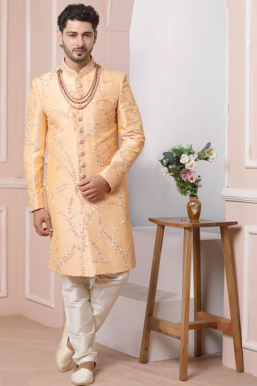 Peach Color Gorgeous Banarasi Silk Fabric Wedding Wear Readymade Sherwani For Men