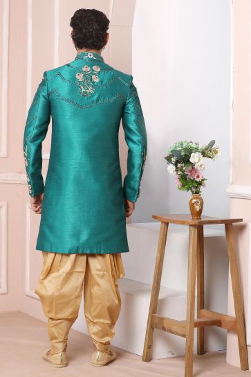 Banarasi Silk Fabric Stunning Teal Color Wedding Wear Readymade Men Sherwani
