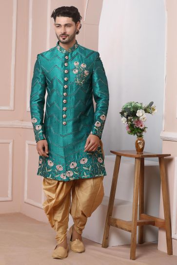 Banarasi Silk Fabric Stunning Teal Color Wedding Wear Readymade Men Sherwani