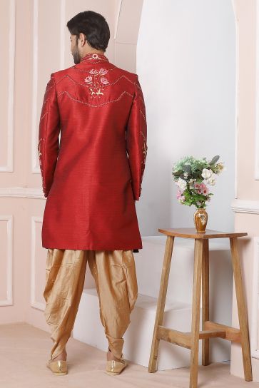 Banarasi Silk Fabric Maroon Color Wedding Wear Readymade Lovely Sherwani For Men