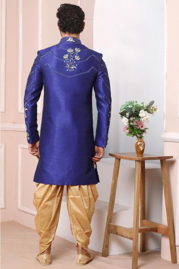 Pretty Banarasi Silk Fabric Wedding Wear Readymade Men Sherwani In Blue Color