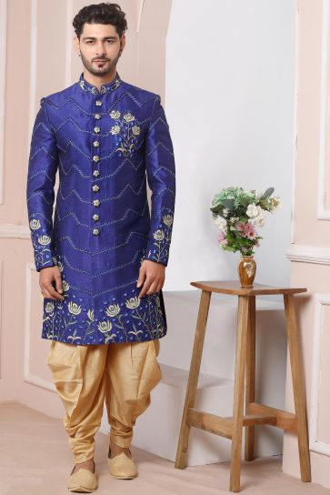 Pretty Banarasi Silk Fabric Wedding Wear Readymade Men Sherwani In Blue Color
