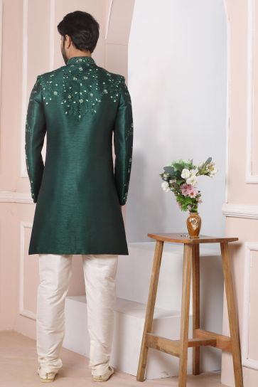 Beautiful Dark Green Color Wedding Wear Readymade Sherwani For Men In Banarasi Silk Fabric