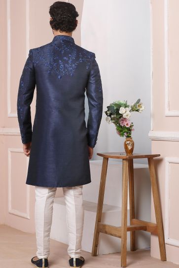 Banarasi Silk Fabric Wedding Wear Attractive Readymade Men Sherwani In Navy Blue Color