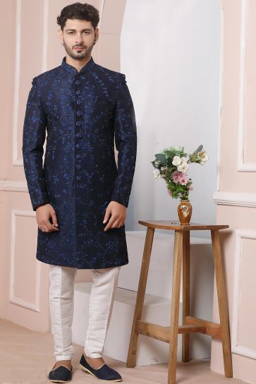 Banarasi Silk Fabric Wedding Wear Attractive Readymade Men Sherwani In Navy Blue Color