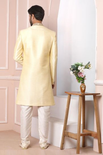 Beige Color Banarasi Silk Fabric Graceful Readymade Men Indo Western For Wedding Wear