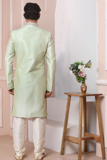 Sea Green Color Banarasi Silk Fabric Magnificent Readymade Men Indo Western For Wedding Wear