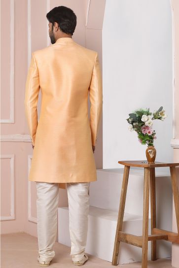 Peach Color Banarasi Silk Fabric Heavy Embroidered Wedding Wear Designer Readymade Indo Western For Men