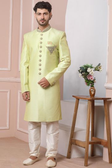Banarasi Silk Fabric Heavy Embroidered Sea Green Color Wedding Wear Designer Readymade Indo Western For Men
