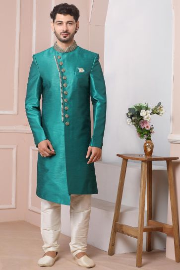 Heavy Embroidered Teal Color Wedding Wear Banarasi Silk Fabric Designer Readymade Indo Western For Men