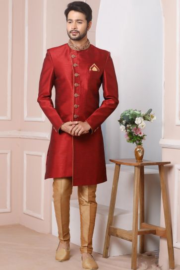 Maroon Color Wedding Wear Banarasi Silk Fabric Designer Heavy Embroidered Readymade Indo Western For Men